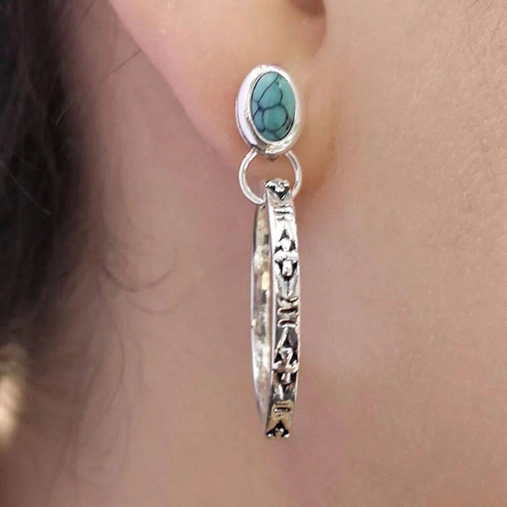 Blue Turquoise Etched Silver Dangle Hoop Pendant Earrings Gemstone Southwestern